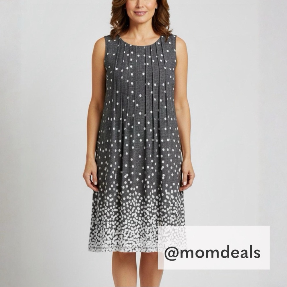 Perceptions New York Polka Dot Sleeveless Classic A-Line Dress Gray White XL NWT